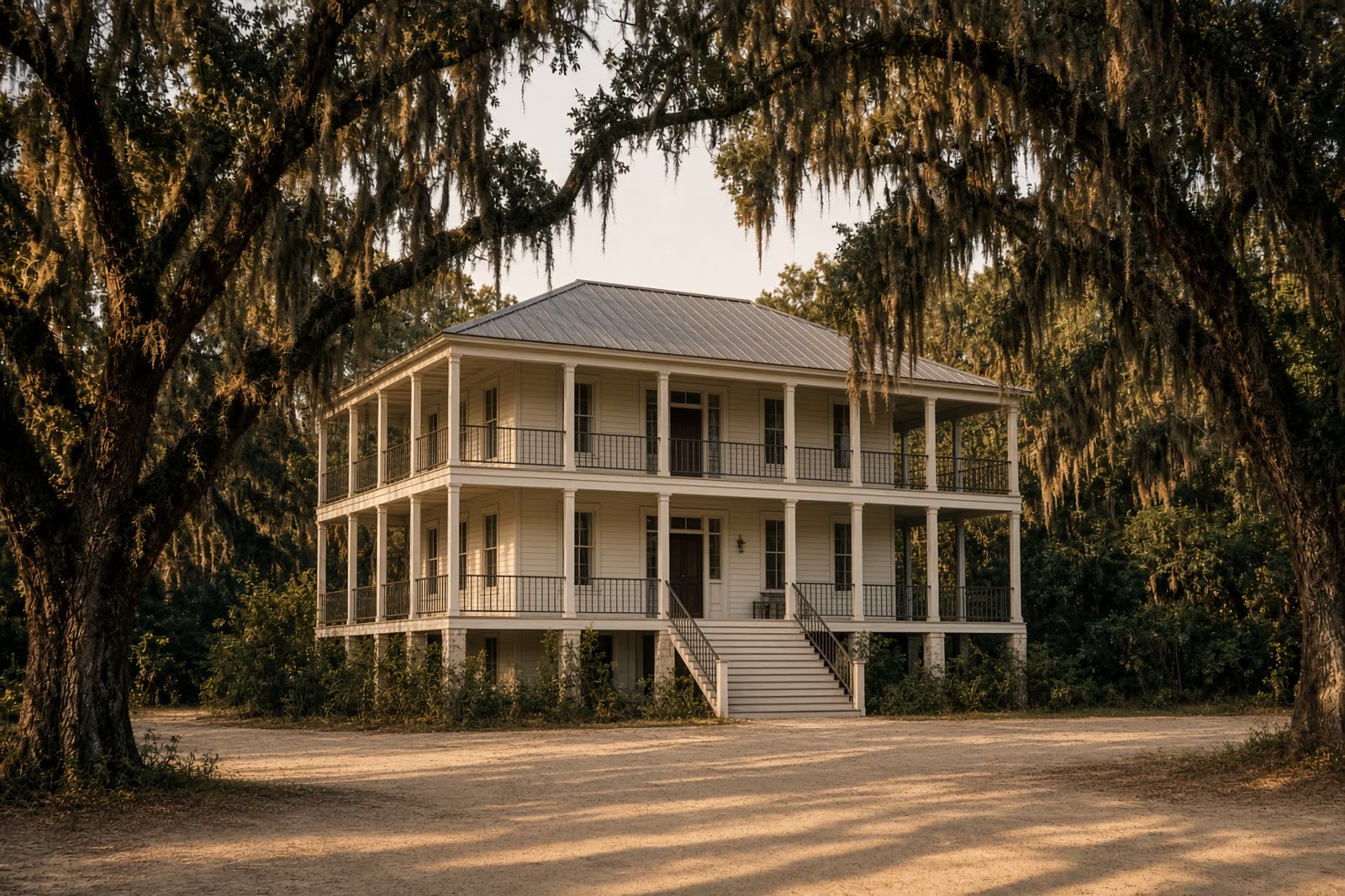 A newly renovated two-story plantation house with metal railings on both verandas, under live oaks.